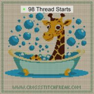 giraffe-in-bathtub cross stitch start point map with highlighted thread start positions in the full design