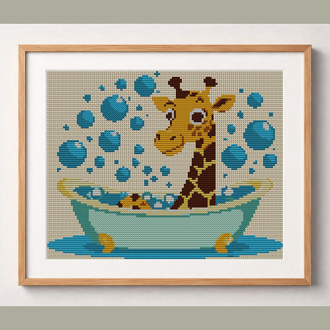 giraffe-in-bathtub framed cross stitch mockup, realistic finished embroidery design, PDF pattern digital download