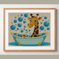 giraffe-in-bathtub framed cross stitch mockup, realistic finished embroidery design, PDF pattern digital download