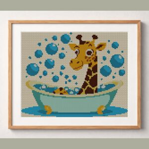 giraffe-in-bathtub framed cross stitch mockup, realistic finished embroidery design, PDF pattern digital download