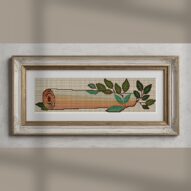 diploma-scroll alternative framed cross stitch mockup, realistic finished embroidery presentation