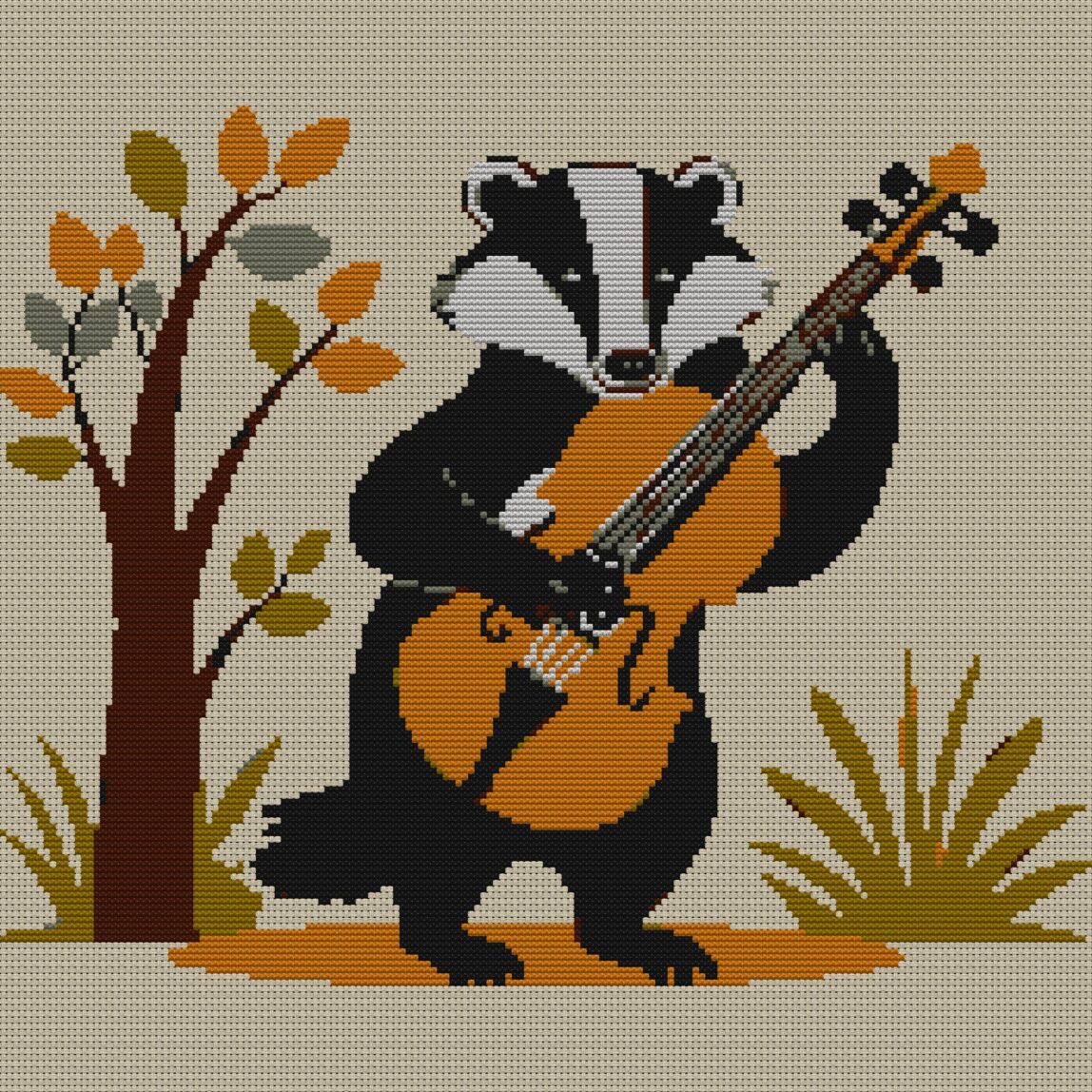 badger-with-violin full design mockup without frame badger-with-violin full cross stitch design mockup without frame, realistic embroidery preview