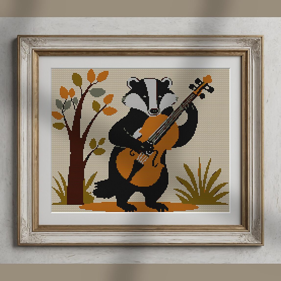 badger-with-violin alternative framed mockup badger-with-violin alternative framed cross stitch mockup, realistic finished embroidery presentation
