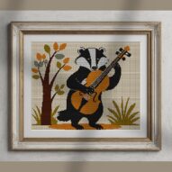 badger-with-violin alternative framed cross stitch mockup, realistic finished embroidery presentation
