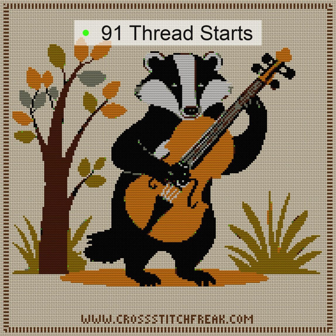 badger-with-violin thread start point map badger-with-violin cross stitch start point map with highlighted thread start positions in the full design