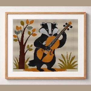 badger-with-violin framed cross stitch mockup, realistic finished embroidery design, PDF pattern digital download