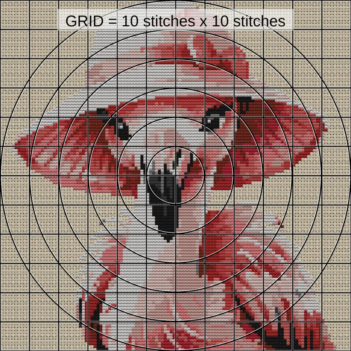flamingo-gardening-in-sun close-up cross stitch detail showing color changes, confetti areas and stitch texture