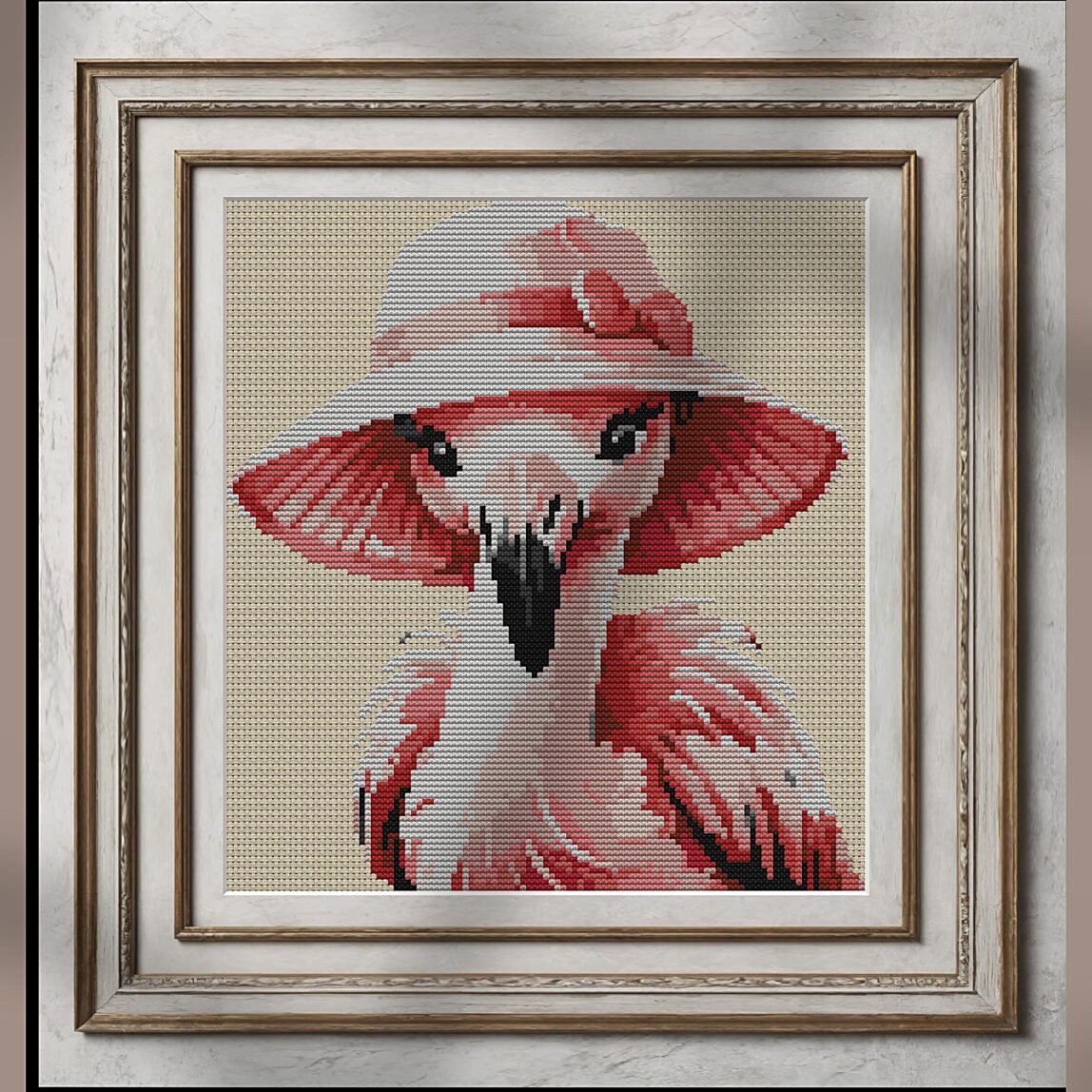 flamingo-gardening-in-sun alternative framed cross stitch mockup, realistic finished embroidery presentation