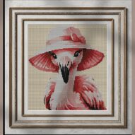 flamingo-gardening-in-sun alternative framed cross stitch mockup, realistic finished embroidery presentation
