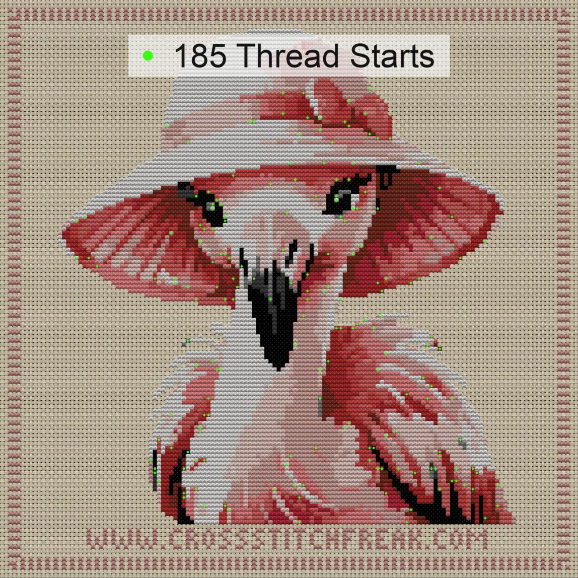 flamingo-gardening-in-sun cross stitch start point map with highlighted thread start positions in the full design