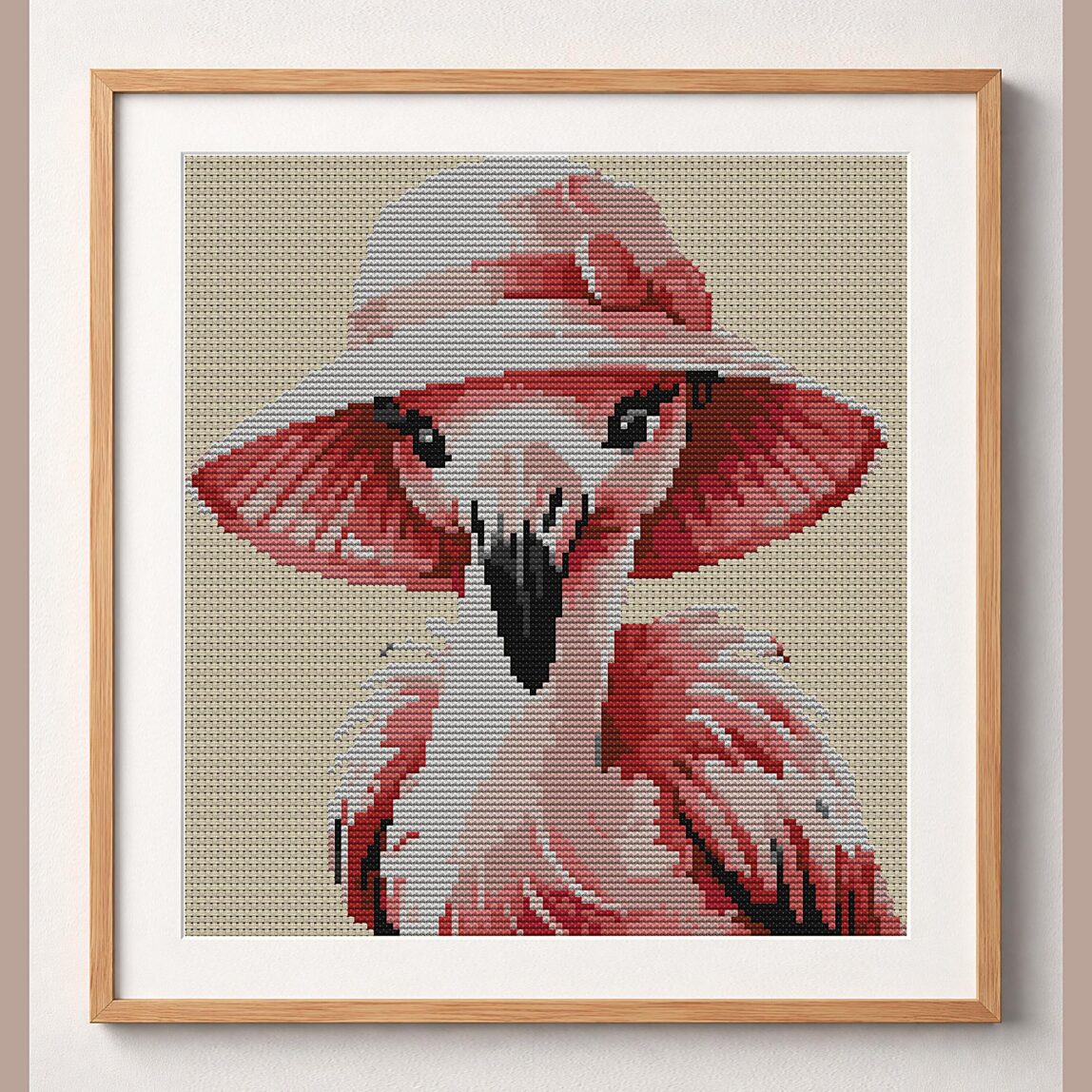 flamingo-gardening-in-sun framed cross stitch mockup, realistic finished embroidery design, PDF pattern digital download