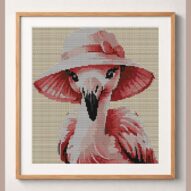 flamingo-gardening-in-sun framed cross stitch mockup, realistic finished embroidery design, PDF pattern digital download