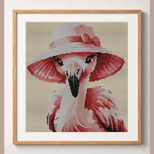 flamingo-gardening-in-sun framed cross stitch mockup, realistic finished embroidery design, PDF pattern digital download