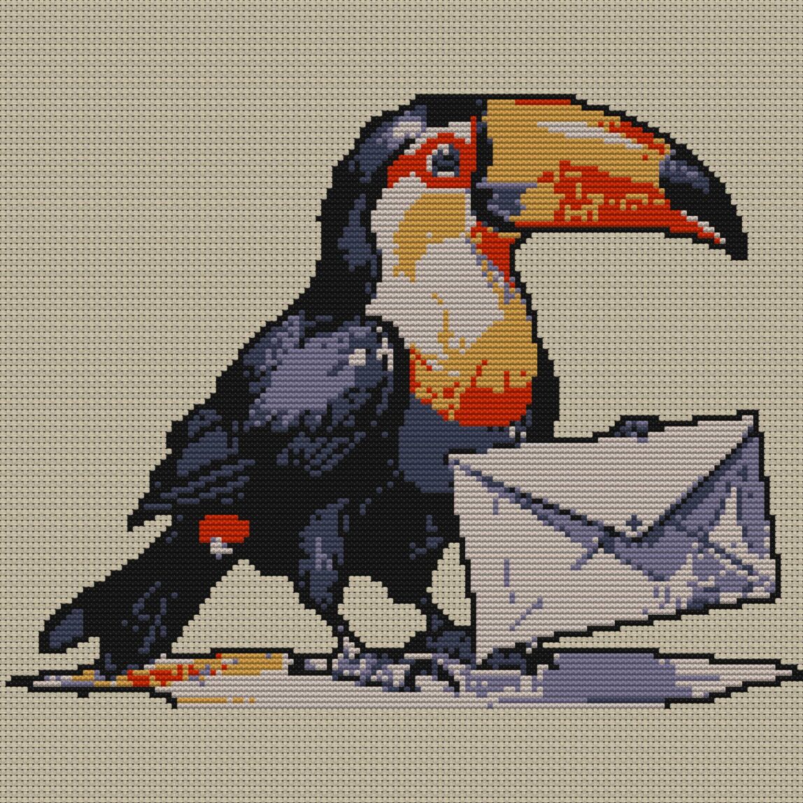 toucan-delivering-letters full design mockup without frame toucan-delivering-letters full cross stitch design mockup without frame, realistic embroidery preview