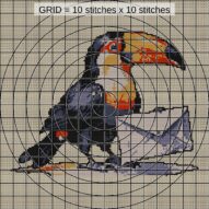 toucan-delivering-letters close-up cross stitch detail showing color changes, confetti areas and stitch texture