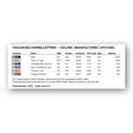 toucan-delivering-letters thread color chart with DMC, Anchor, Sullivans, J&P Coats and Maxi color references