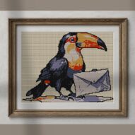 toucan-delivering-letters alternative framed cross stitch mockup, realistic finished embroidery presentation