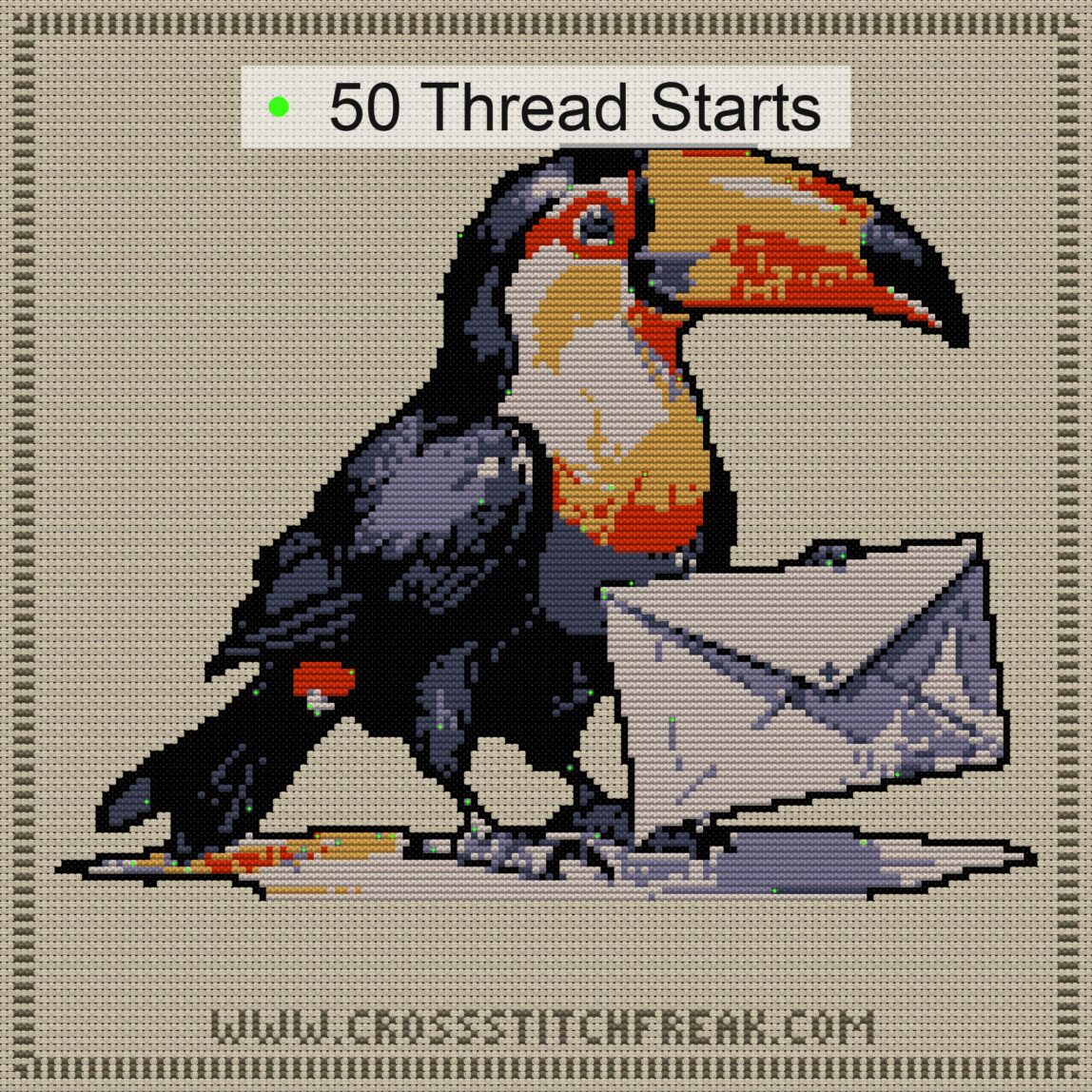 toucan-delivering-letters thread start point map toucan-delivering-letters cross stitch start point map with highlighted thread start positions in the full design
