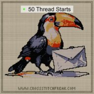 toucan-delivering-letters cross stitch start point map with highlighted thread start positions in the full design