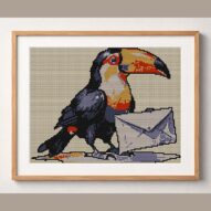 toucan-delivering-letters framed cross stitch mockup, realistic finished embroidery design, PDF pattern digital download