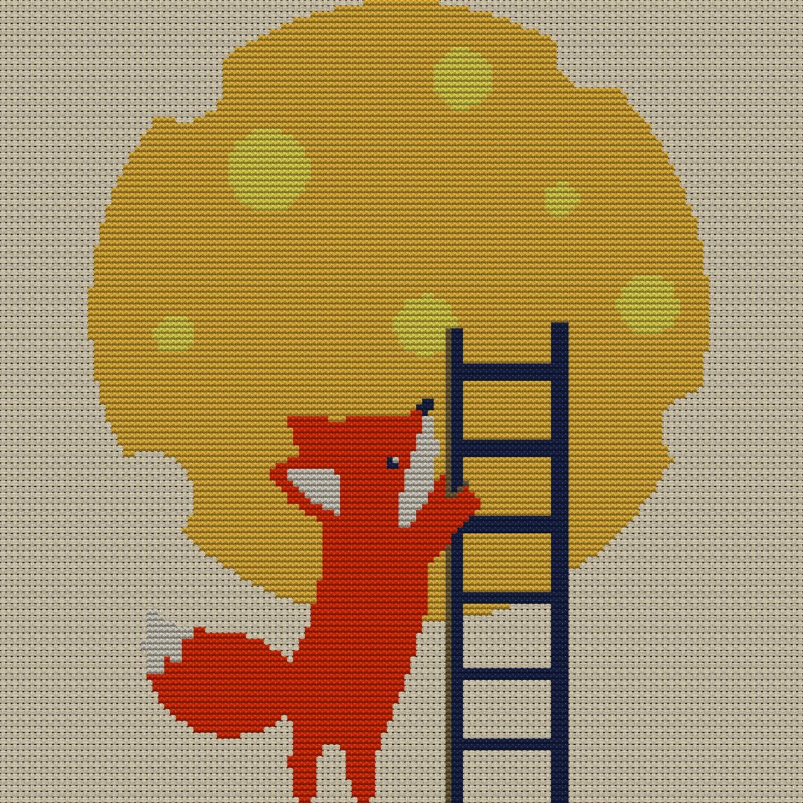 fox-ladder-climb-to-the-m full design mockup without frame fox-ladder-climb-to-the-m full cross stitch design mockup without frame, realistic embroidery preview