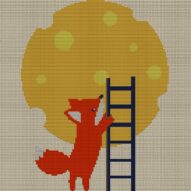 fox-ladder-climb-to-the-m full cross stitch design mockup without frame, realistic embroidery preview