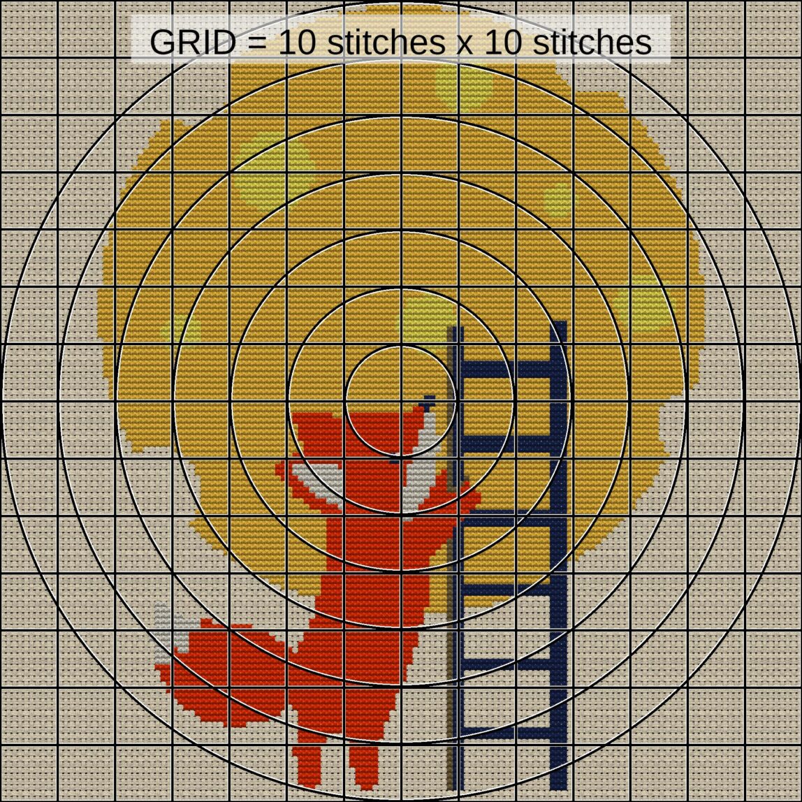 fox-ladder-climb-to-the-m zoomed stitching detail fox-ladder-climb-to-the-m close-up cross stitch detail showing color changes, confetti areas and stitch texture