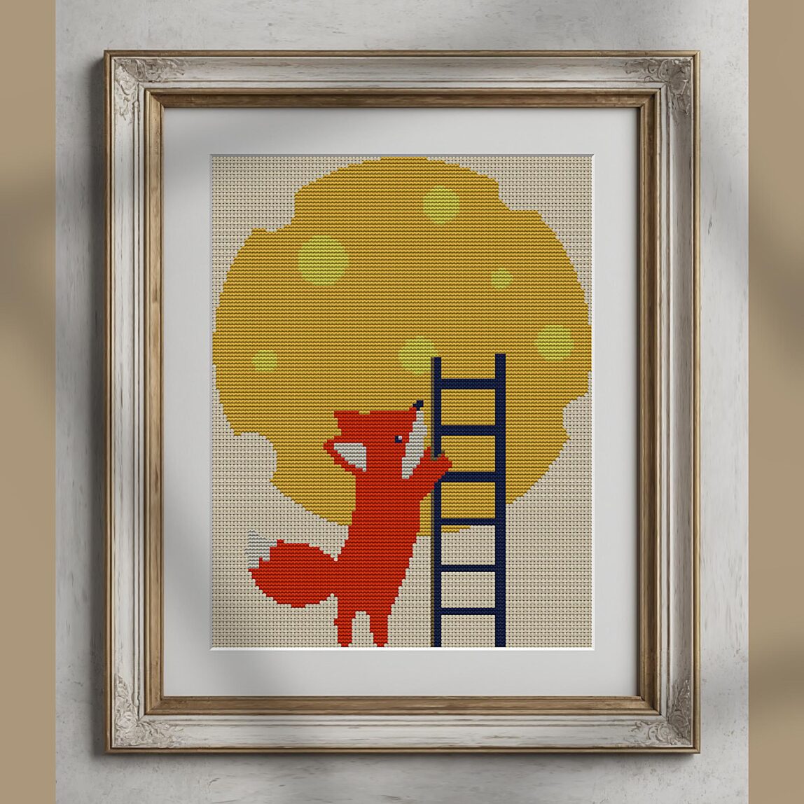 fox-ladder-climb-to-the-m alternative framed mockup fox-ladder-climb-to-the-m alternative framed cross stitch mockup, realistic finished embroidery presentation