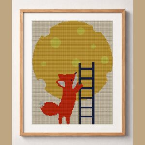 fox-ladder-climb-to-the-m framed cross stitch mockup, realistic finished embroidery design, PDF pattern digital download