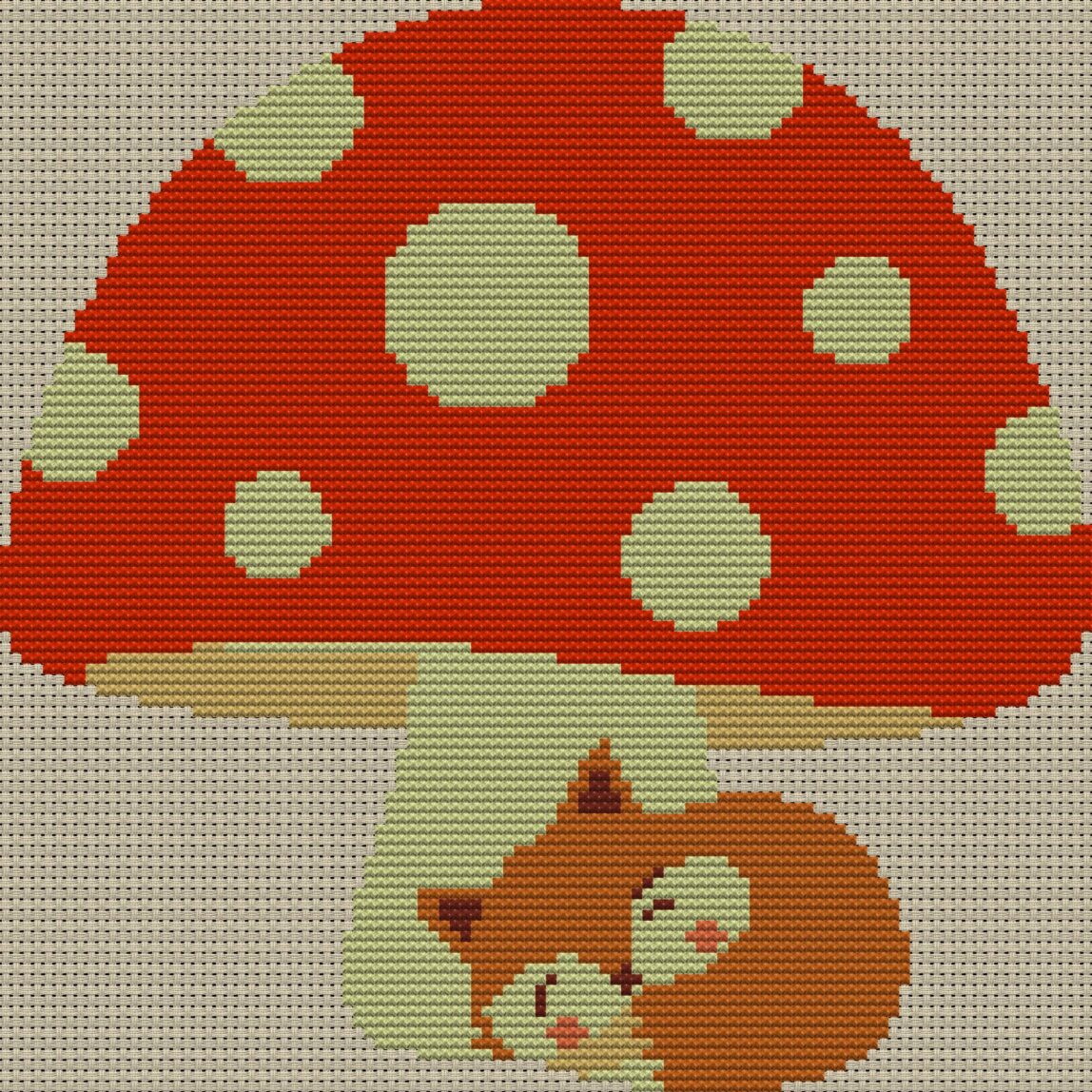 fox-napping-under-mushroo full cross stitch design mockup without frame, realistic embroidery preview