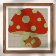 fox-napping-under-mushroo alternative framed cross stitch mockup, realistic finished embroidery presentation