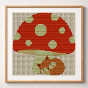 fox-napping-under-mushroo framed cross stitch mockup, realistic finished embroidery design, PDF pattern digital download