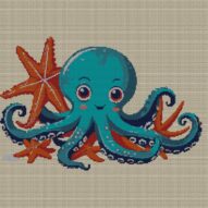 octopus-holding-starfish full cross stitch design mockup without frame, realistic embroidery preview