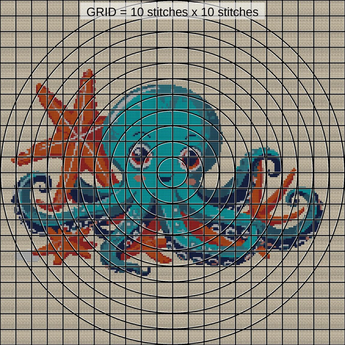 octopus-holding-starfish close-up cross stitch detail showing color changes, confetti areas and stitch texture