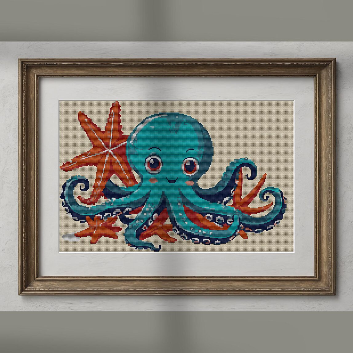 octopus-holding-starfish alternative framed cross stitch mockup, realistic finished embroidery presentation