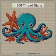 octopus-holding-starfish cross stitch start point map with highlighted thread start positions in the full design