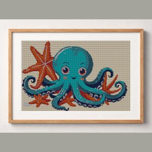 octopus-holding-starfish framed cross stitch mockup, realistic finished embroidery design, PDF pattern digital download