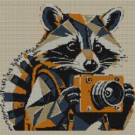 raccoon-with-camera full cross stitch design mockup without frame, realistic embroidery preview