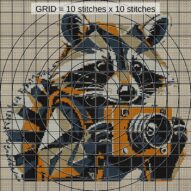 raccoon-with-camera close-up cross stitch detail showing color changes, confetti areas and stitch texture