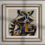 raccoon-with-camera alternative framed cross stitch mockup, realistic finished embroidery presentation