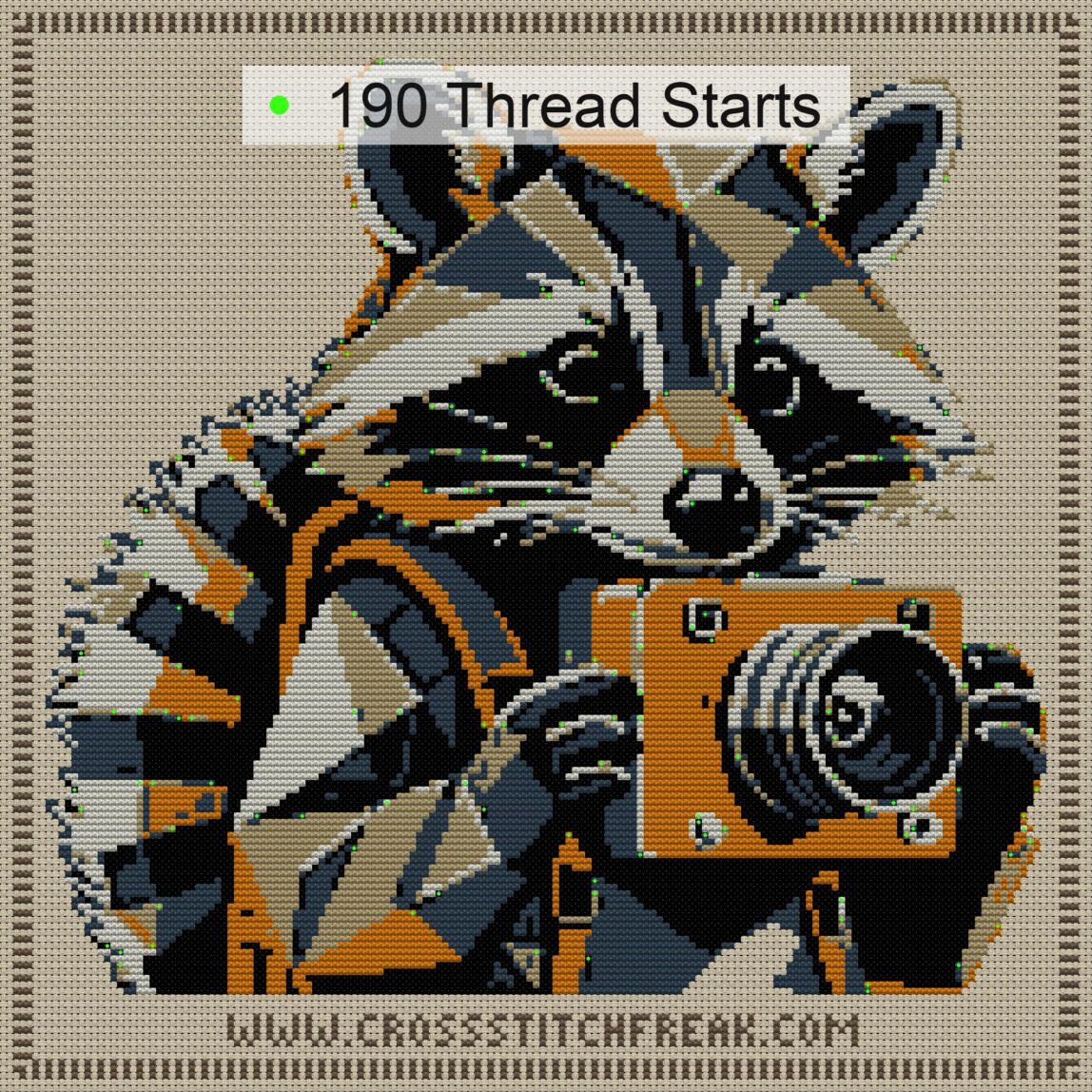 raccoon-with-camera cross stitch start point map with highlighted thread start positions in the full design