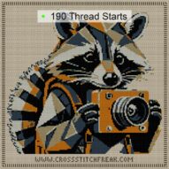 raccoon-with-camera cross stitch start point map with highlighted thread start positions in the full design