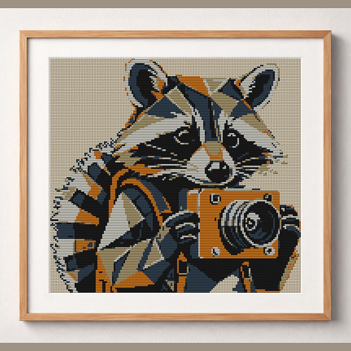 raccoon-with-camera framed cross stitch mockup, realistic finished embroidery design, PDF pattern digital download