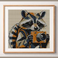 raccoon-with-camera framed cross stitch mockup, realistic finished embroidery design, PDF pattern digital download