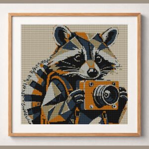 raccoon-with-camera framed cross stitch mockup, realistic finished embroidery design, PDF pattern digital download