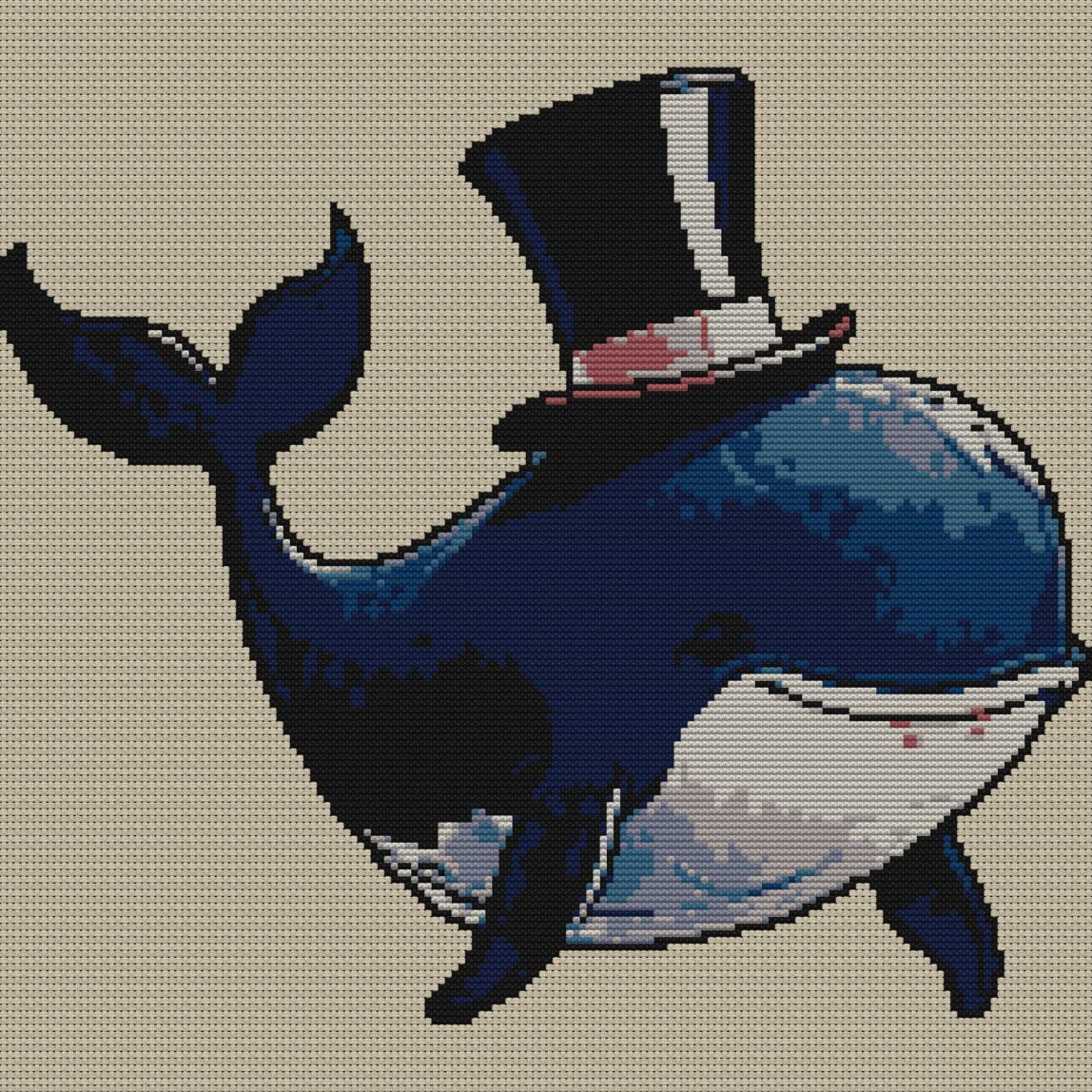 whale-with-top-hat full cross stitch design mockup without frame, realistic embroidery preview