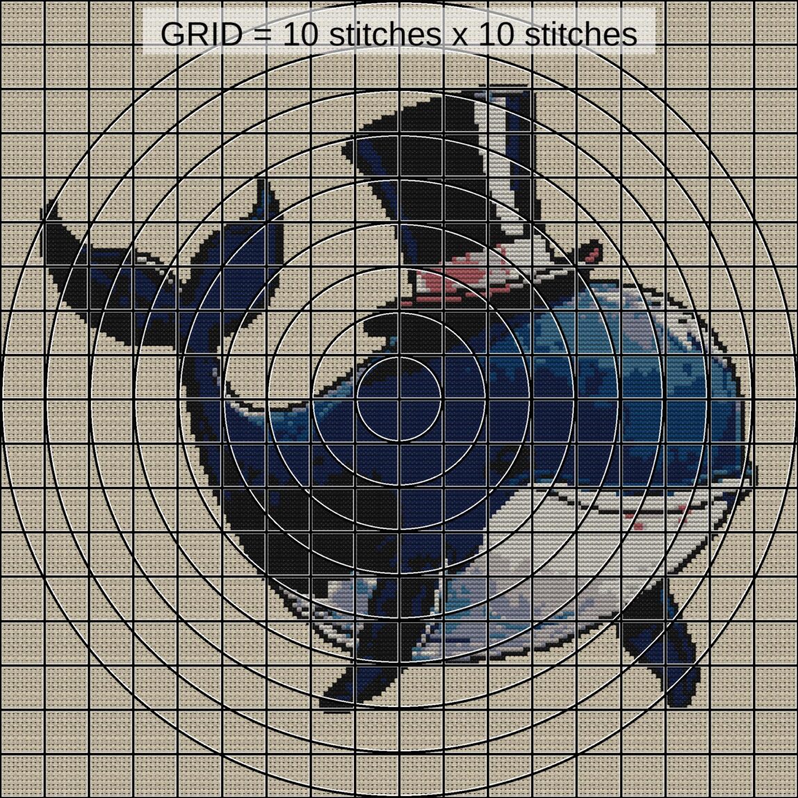 whale-with-top-hat close-up cross stitch detail showing color changes, confetti areas and stitch texture