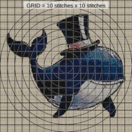 whale-with-top-hat close-up cross stitch detail showing color changes, confetti areas and stitch texture