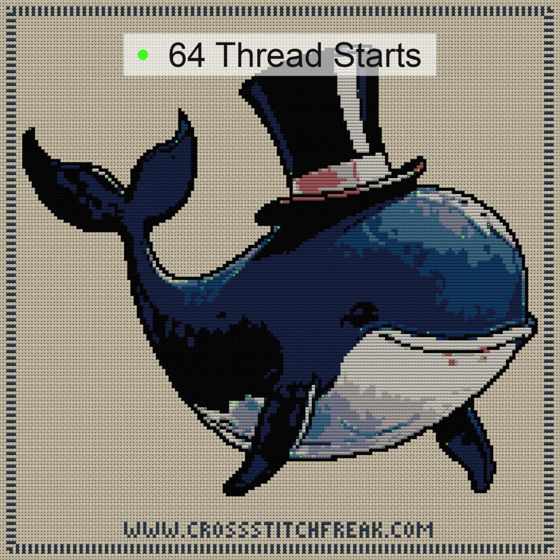 whale-with-top-hat cross stitch start point map with highlighted thread start positions in the full design