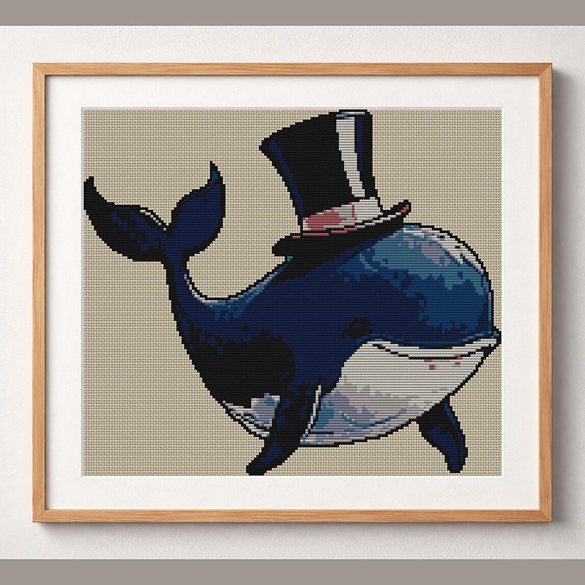 whale-with-top-hat framed cross stitch mockup, realistic finished embroidery design, PDF pattern digital download